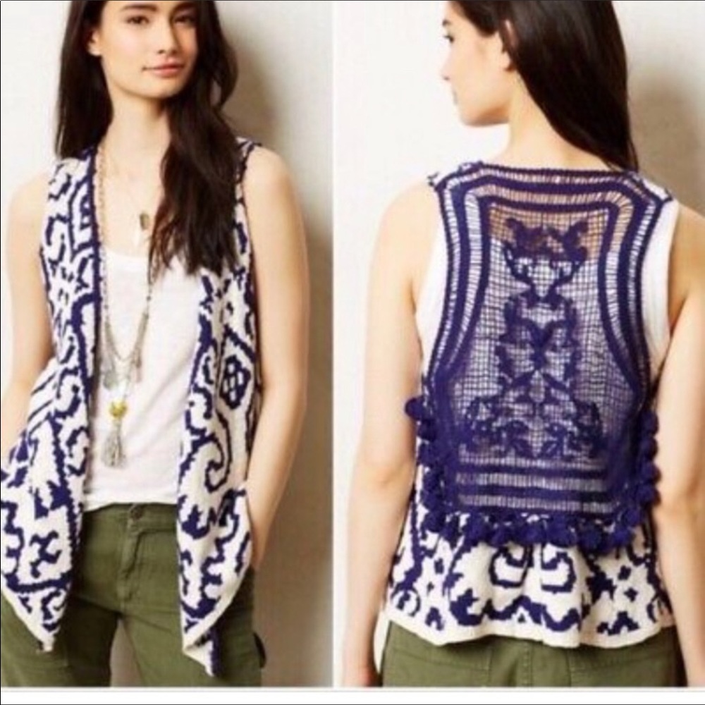 Anthropologie Moth Blue Crochet-Back Vest